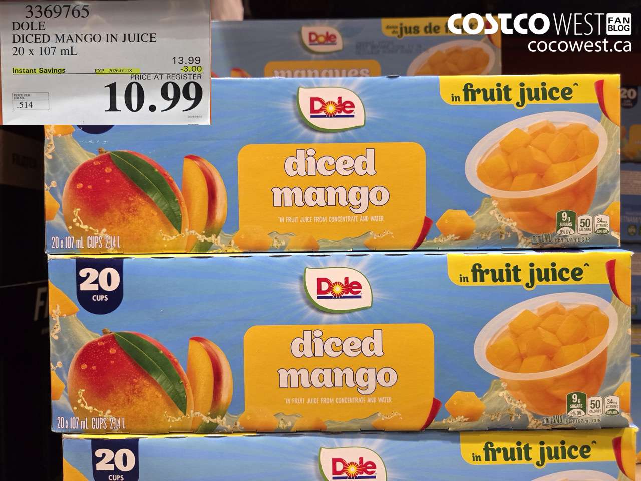 3369765 DOLE DICED MANGO IN JUICE 20 X 107ML ($3.00 INSTANT SAVINGS EXPIRES ON 2026-01-18) $10.99