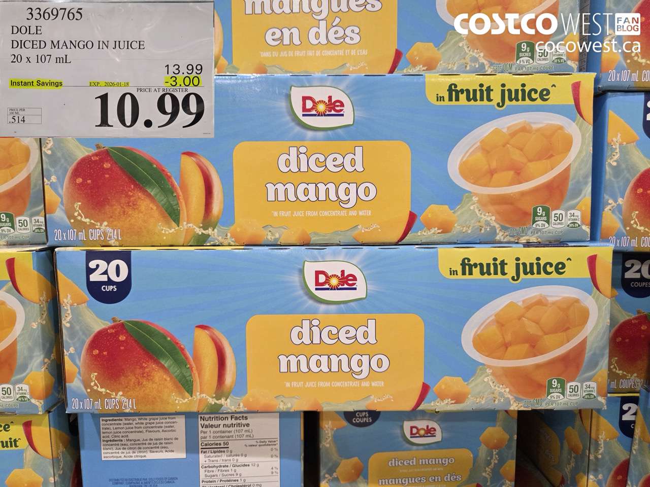 3369765 DOLE DICED MANGO IN JUICE 20 X 107ML ($3.00 INSTANT SAVINGS EXPIRES ON 2026-01-18) $10.99