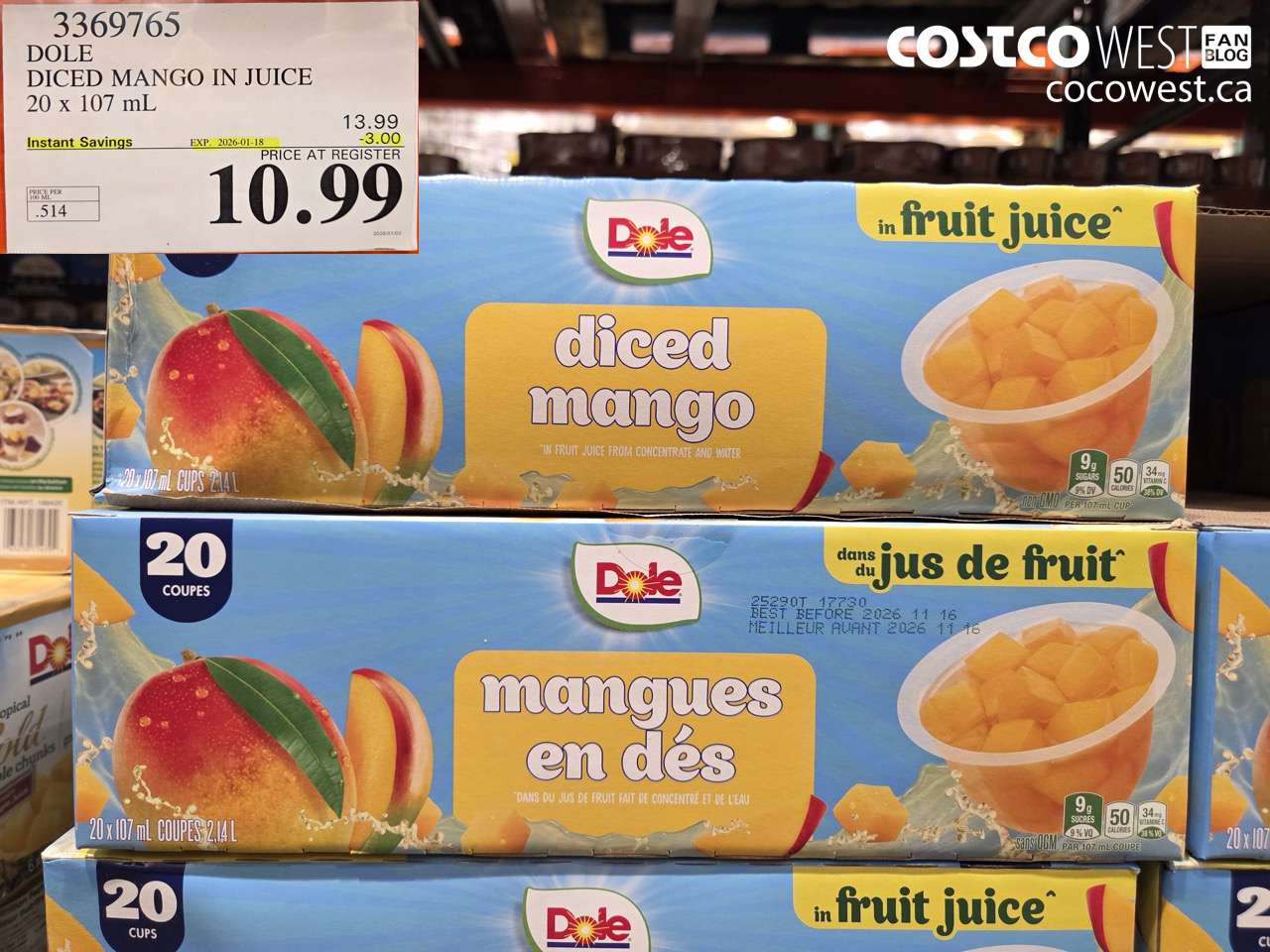 3369765 DOLE DICED MANGO IN JUICE 20 X 107ML ($3.00 INSTANT SAVINGS EXPIRES ON 2026-01-18) $10.99