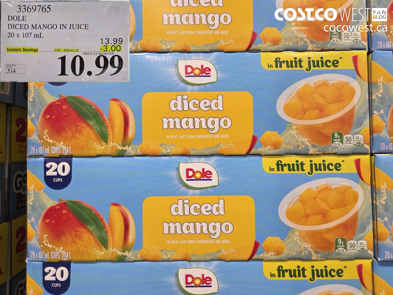 3369765 DOLE DICED MANGO IN JUICE 20 X 107ML ($3.00 INSTANT SAVINGS EXPIRES ON 2026-01-18) $10.99