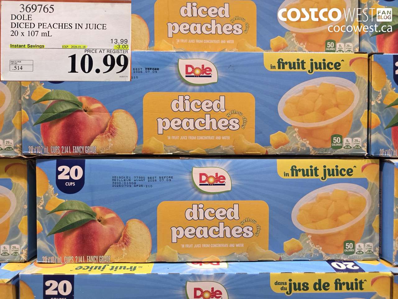 369765 DOLE DICED PEACHES IN JUICE 20 X 107ML ($3.00 INSTANT SAVINGS EXPIRES ON 2026-01-18) $10.99