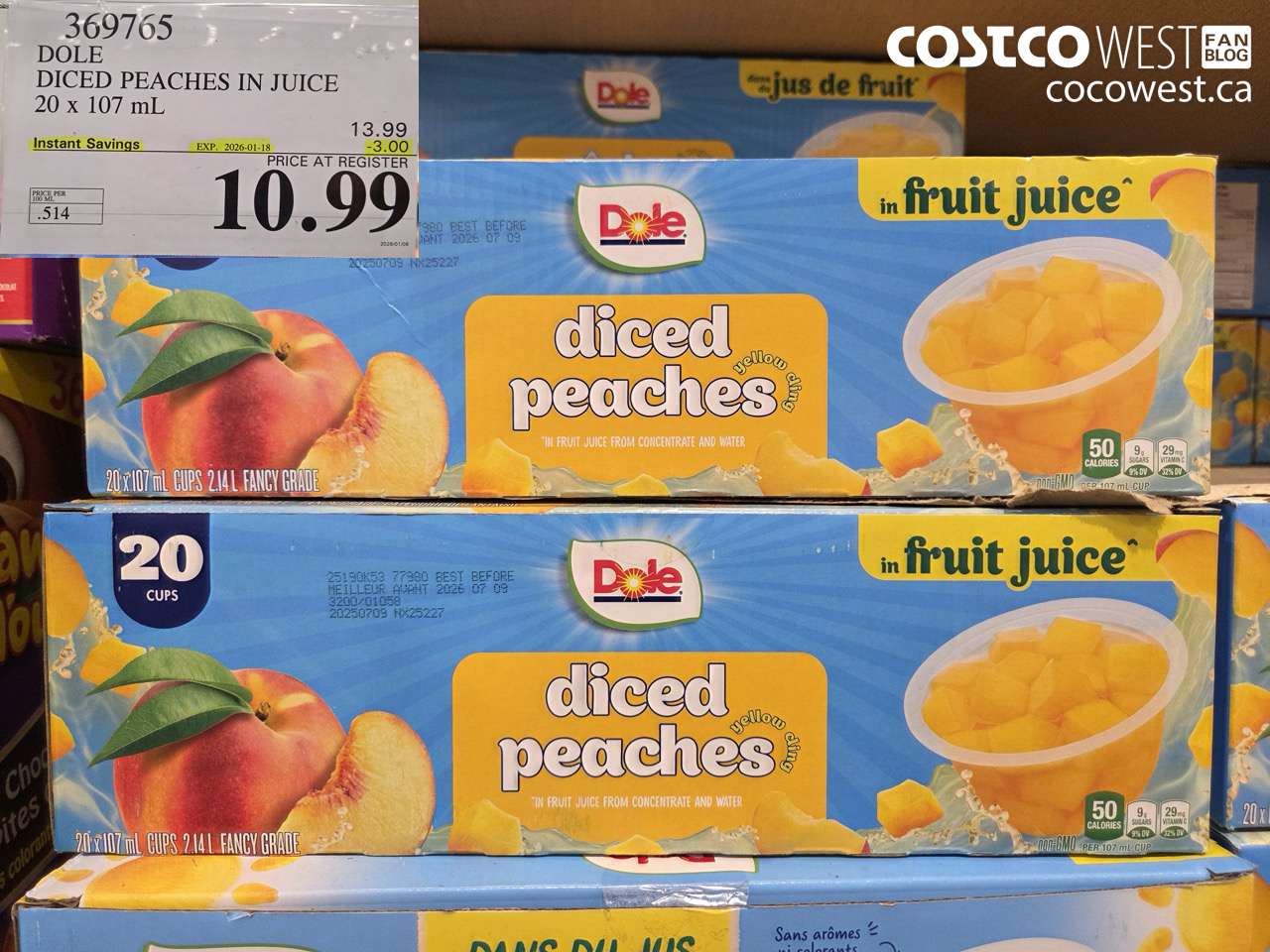 369765 DOLE DICED PEACHES IN JUICE 20 X 107ML ($3.00 INSTANT SAVINGS EXPIRES ON 2026-01-18) $10.99