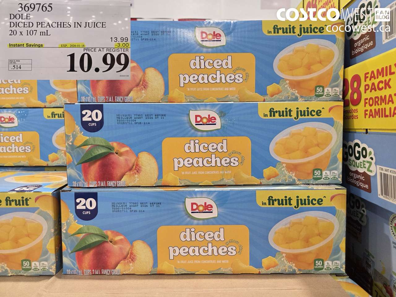 369765 DOLE DICED PEACHES IN JUICE 20 X 107ML ($3.00 INSTANT SAVINGS EXPIRES ON 2026-01-18) $10.99