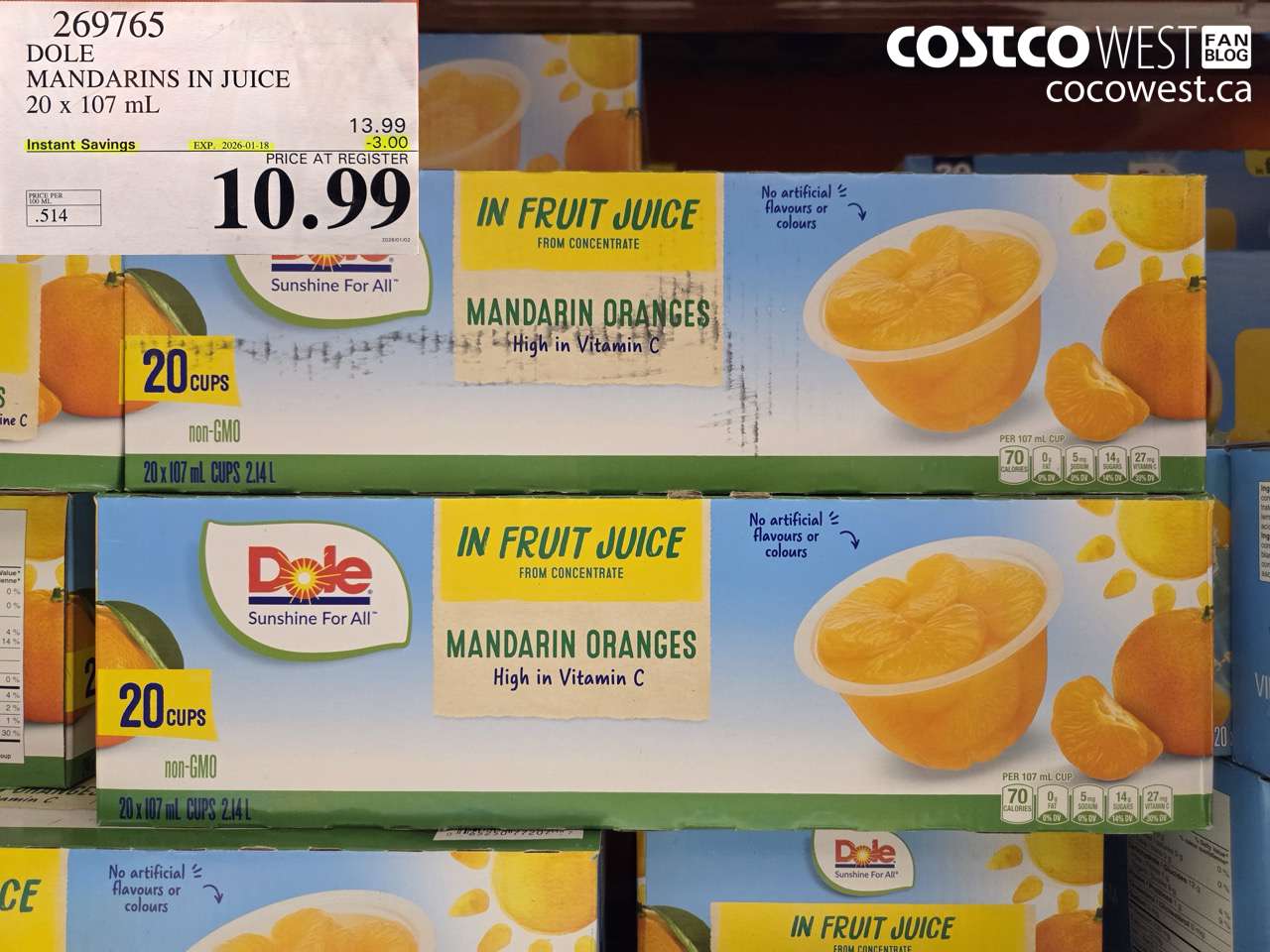 269765 DOLE MANDARINS IN JUICE 20 x 107 mL ($3.00 INSTANT SAVINGS EXPIRES ON 2026-01-18) $10.99