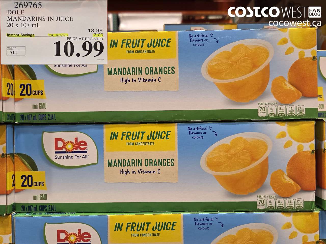 269765 DOLE MANDARINS IN JUICE 20 x 107 mL ($3.00 INSTANT SAVINGS EXPIRES ON 2026-01-18) $10.99