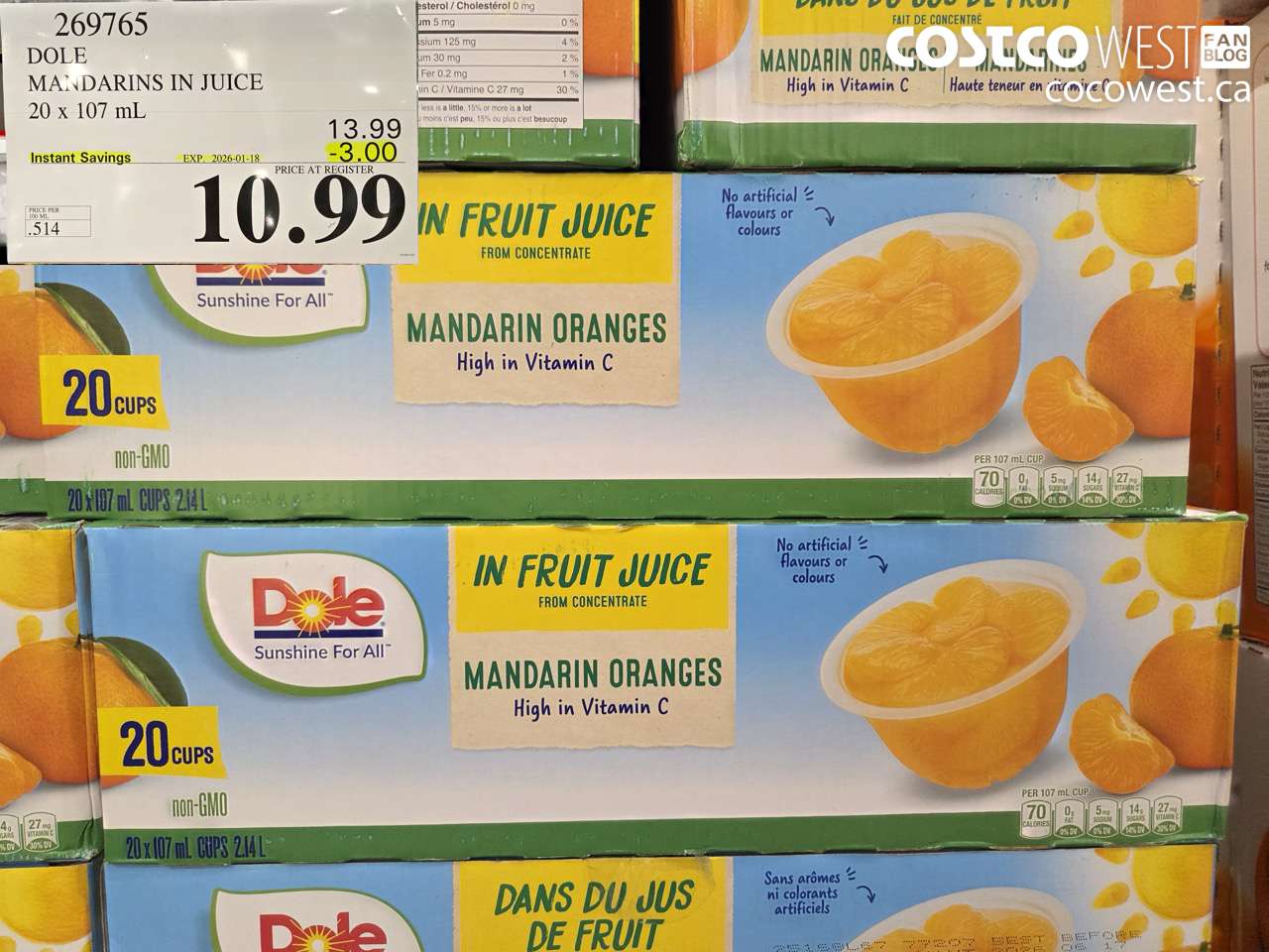 269765 DOLE MANDARINS IN JUICE 20 x 107 mL ($3.00 INSTANT SAVINGS EXPIRES ON 2026-01-18) $10.99