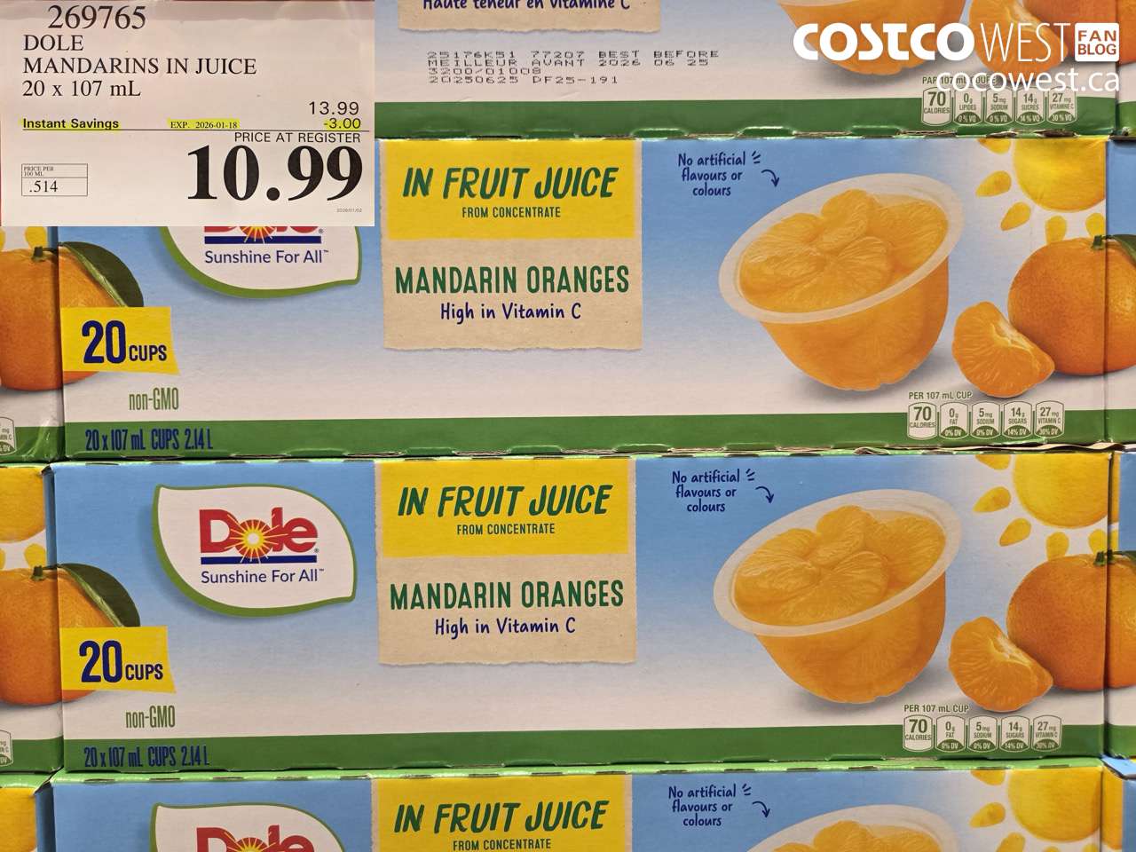 269765 DOLE MANDARINS IN JUICE 20 x 107 mL ($3.00 INSTANT SAVINGS EXPIRES ON 2026-01-18) $10.99