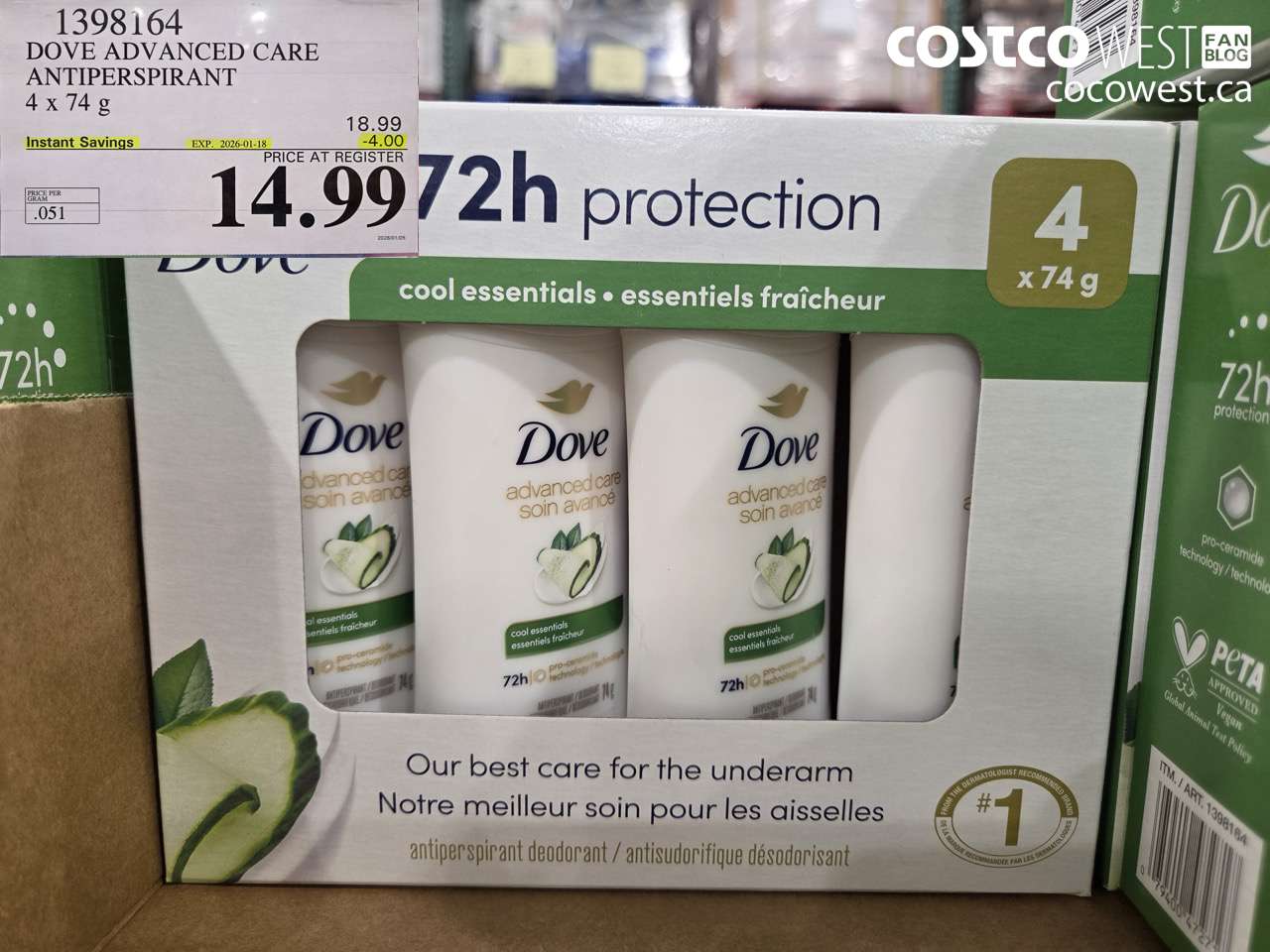 1398164 DOVE ADVANCED CARE ANTIPERSPIRANT 4x74 g ($4.00 INSTANT SAVINGS EXPIRES ON 2026-01-18) $14.99