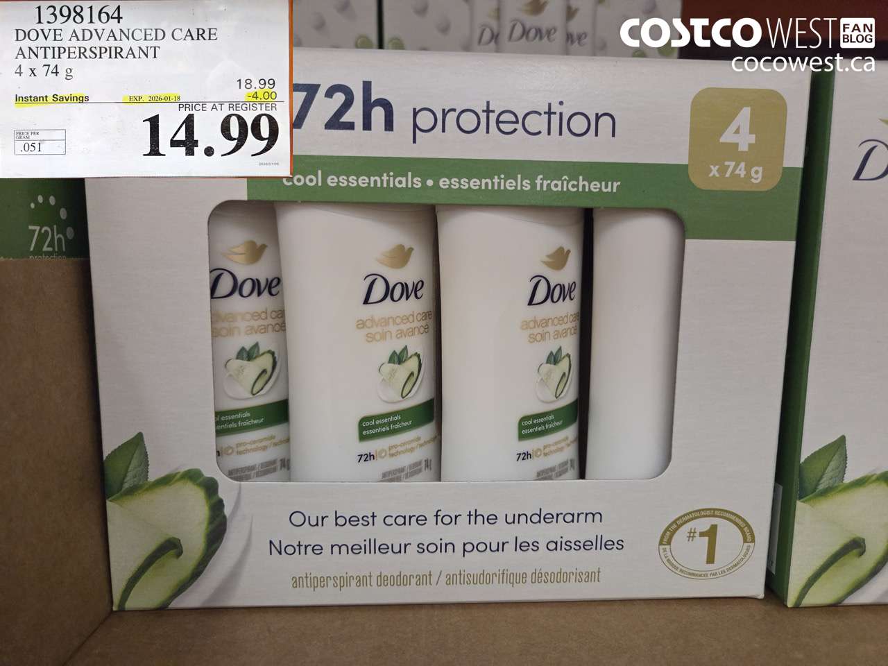 1398164 DOVE ADVANCED CARE ANTIPERSPIRANT 4x74 g ($4.00 INSTANT SAVINGS EXPIRES ON 2026-01-18) $14.99