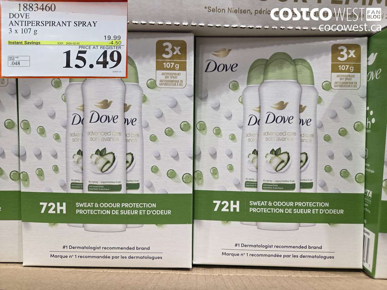 1883460 DOVE ANTIPERSPIRANT SPRAY 3 X 107G ($4.50 INSTANT SAVINGS EXPIRES ON 2026-02-01) $15.49