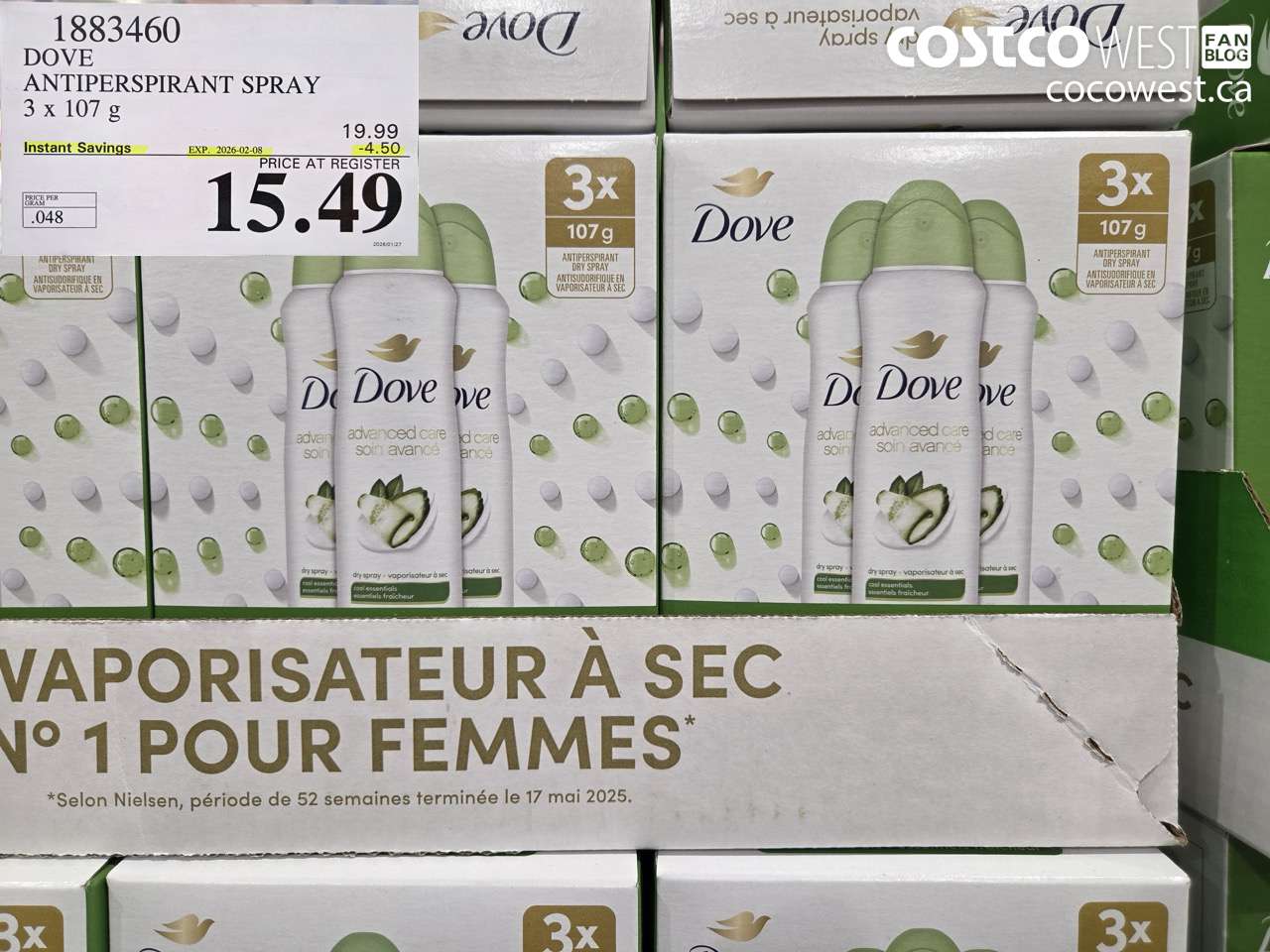 1883460 DOVE ANTIPERSPIRANT SPRAY 3 X 107G ($4.50 INSTANT SAVINGS EXPIRES ON 2026-02-08) $15.49