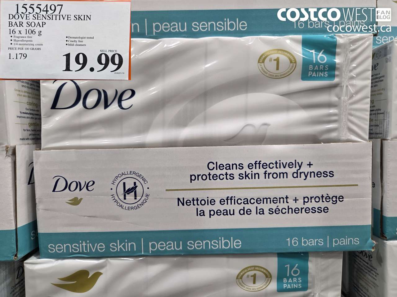 1555497 DOVE BAR SOAP SENSITIVE SKIN 16 x 106 g $19.99