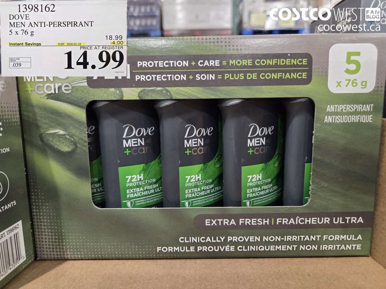 1398162 DOVE MEN ANTI-PERSPIRANT 5 X 76G ($4.00 INSTANT SAVINGS EXPIRES ON 2026-01-18) $14.99