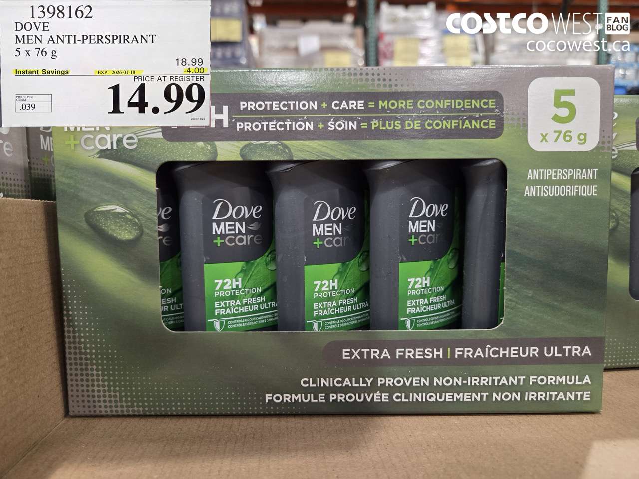 1398162 DOVE MEN ANTI-PERSPIRANT 5 X 76G ($4.00 INSTANT SAVINGS EXPIRES ON 2026-01-18) $14.99