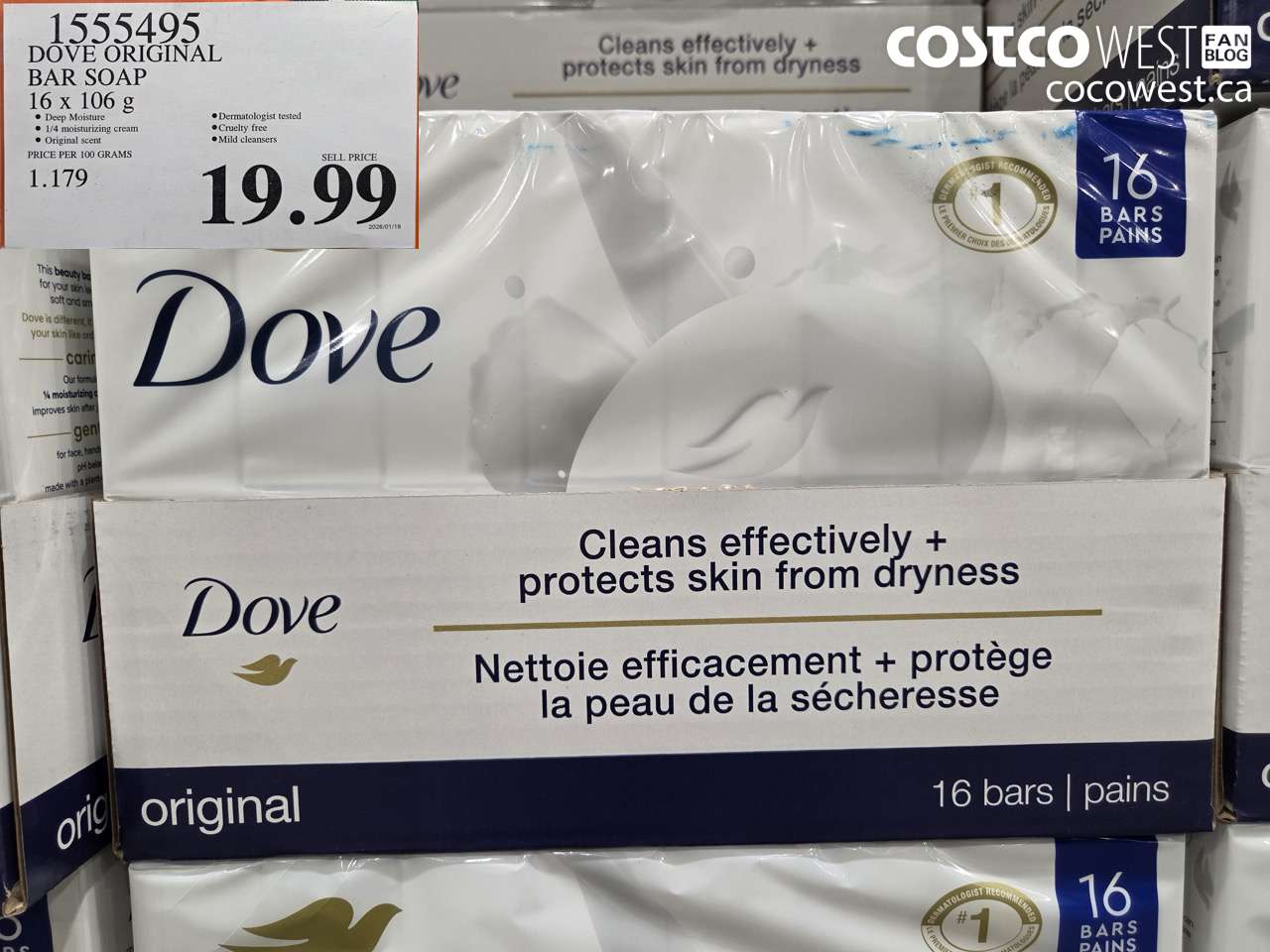 1555495 DOVE ORIGINAL BAR SOAP WHITE 16 x 106 g $19.99