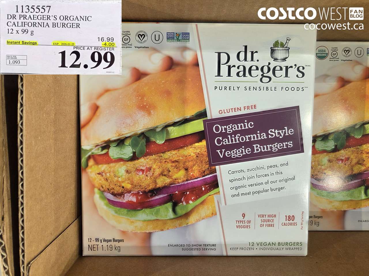 1135557 DR PRAEGER'S ORGANIC CALIFORNIA BURGER 12 x 99 g ($4.00 INSTANT SAVINGS EXPIRES ON 2026-01-25) $12.99