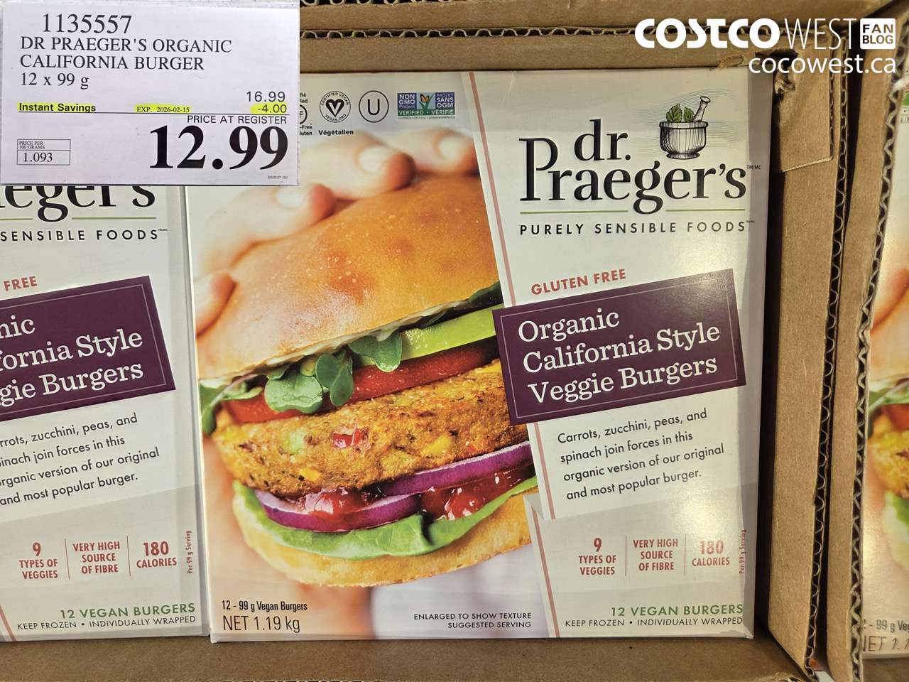 1135557 DR PRAEGER'S ORGANIC CALIFORNIA BURGER 12 x 99 g ($4.00 INSTANT SAVINGS EXPIRES ON 2026-02-15) $12.99