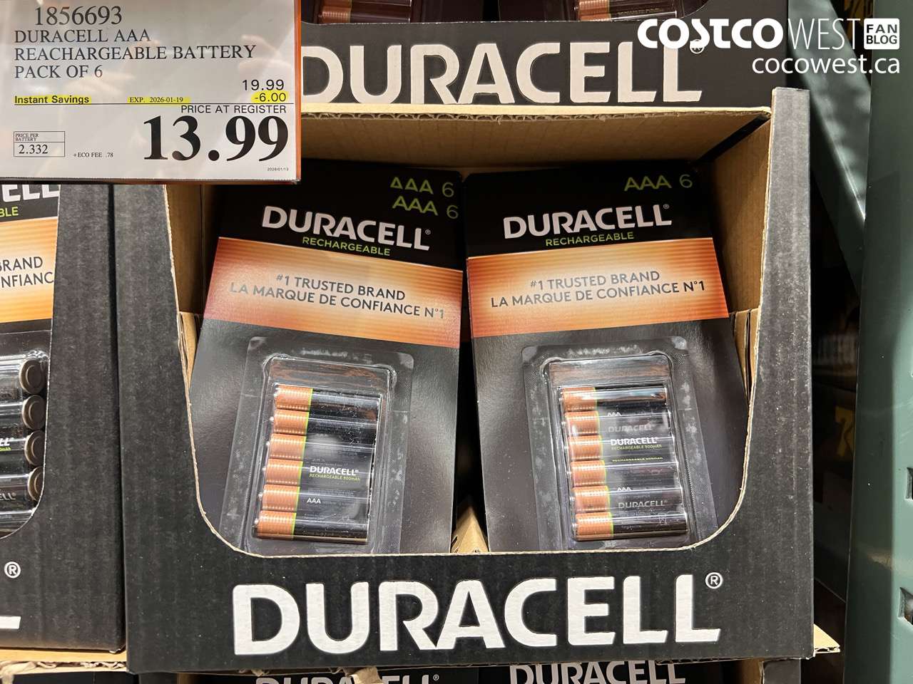 1856693 DURACELL AAA RECHARGEABLE BATTERY PACK OF 6 ($6.00 INSTANT SAVINGS EXPIRES ON 2026-01-19) $13.99