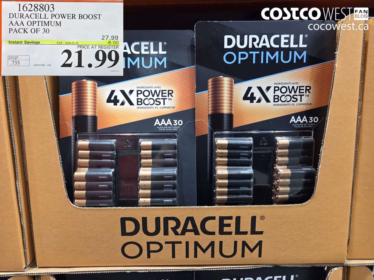 1628803 DURACELL POWER BOOST AAA OPTIMUM PACK OF 30 ($6.00 INSTANT SAVINGS EXPIRES ON 2026-01-25) $21.99