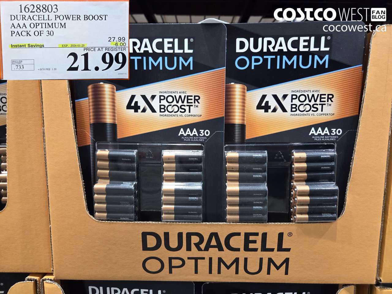 1628803 DURACELL POWER BOOST AAA OPTIMUM PACK OF 30 ($6.00 INSTANT SAVINGS EXPIRES ON 2026-01-25) $21.99