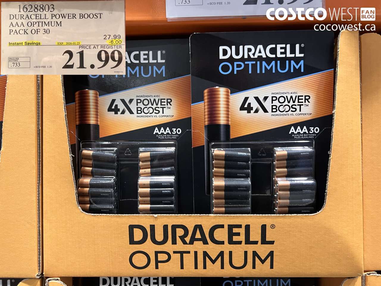 1628803 DURACELL POWER BOOST AAA OPTIMUM PACK OF 30 ($6.00 INSTANT SAVINGS EXPIRES ON 2026-01-25) $21.99