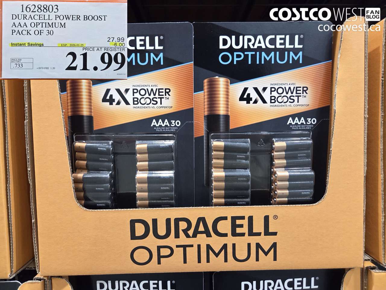 1628803 DURACELL POWER BOOST AAA OPTIMUM PACK OF 30 ($6.00 INSTANT SAVINGS EXPIRES ON 2026-01-25) $21.99