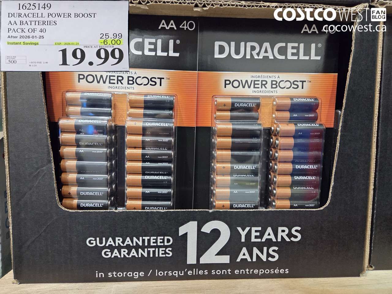 1625149 DURACELL POWER BOOST AA BATTERIES PACK OF 40 ($6.00 INSTANT SAVINGS EXPIRES ON 2026-01-25) $19.99