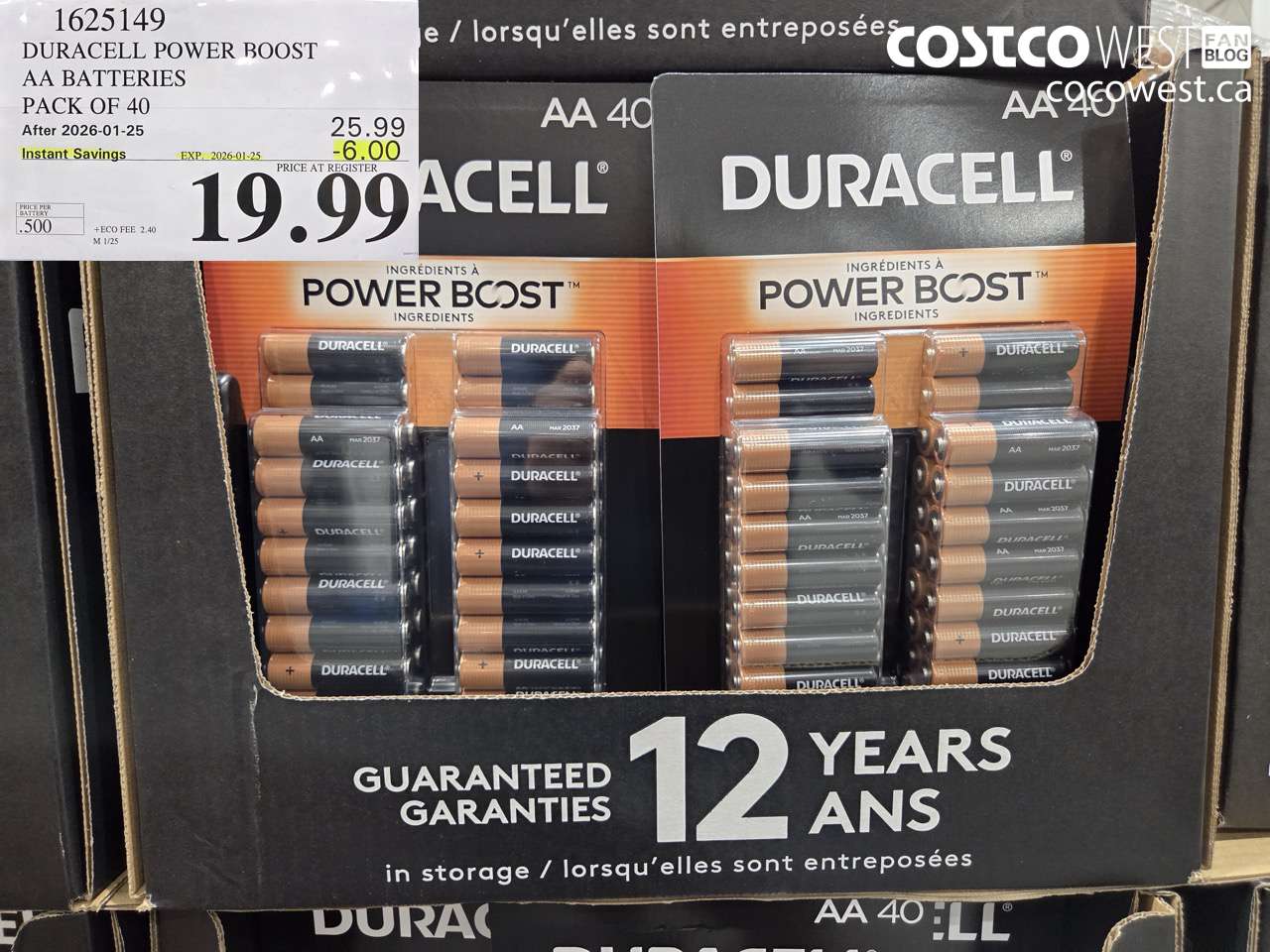 1625149 DURACELL POWER BOOST AA BATTERIES PACK OF 40 ($6.00 INSTANT SAVINGS EXPIRES ON 2026-01-25) $19.99
