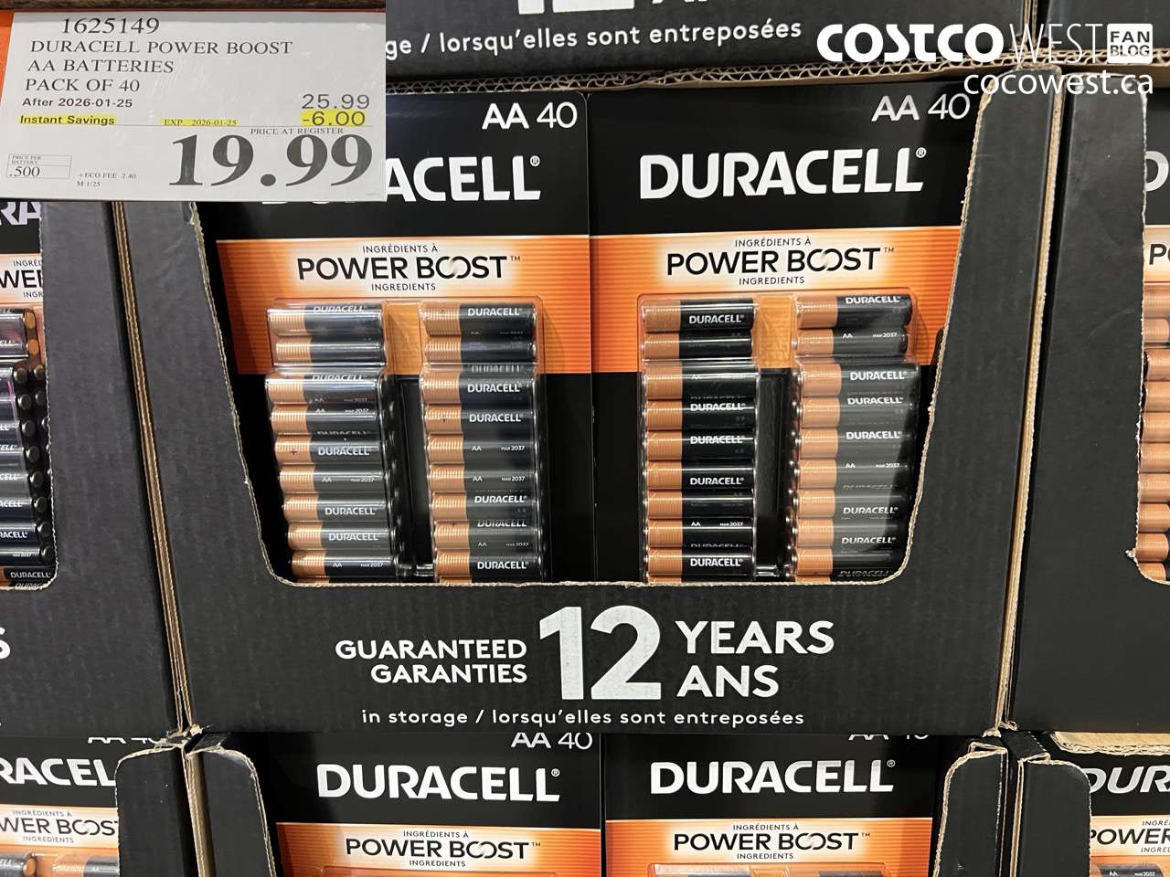 1625149 DURACELL POWER BOOST AA BATTERIES PACK OF 40 ($6.00 INSTANT SAVINGS EXPIRES ON 2026-01-25) $19.99