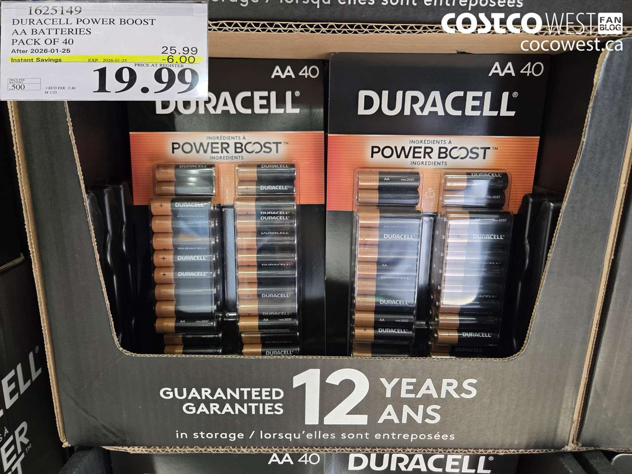 1625149 DURACELL POWER BOOST AA BATTERIES PACK OF 40 ($6.00 INSTANT SAVINGS EXPIRES ON 2026-01-25) $19.99