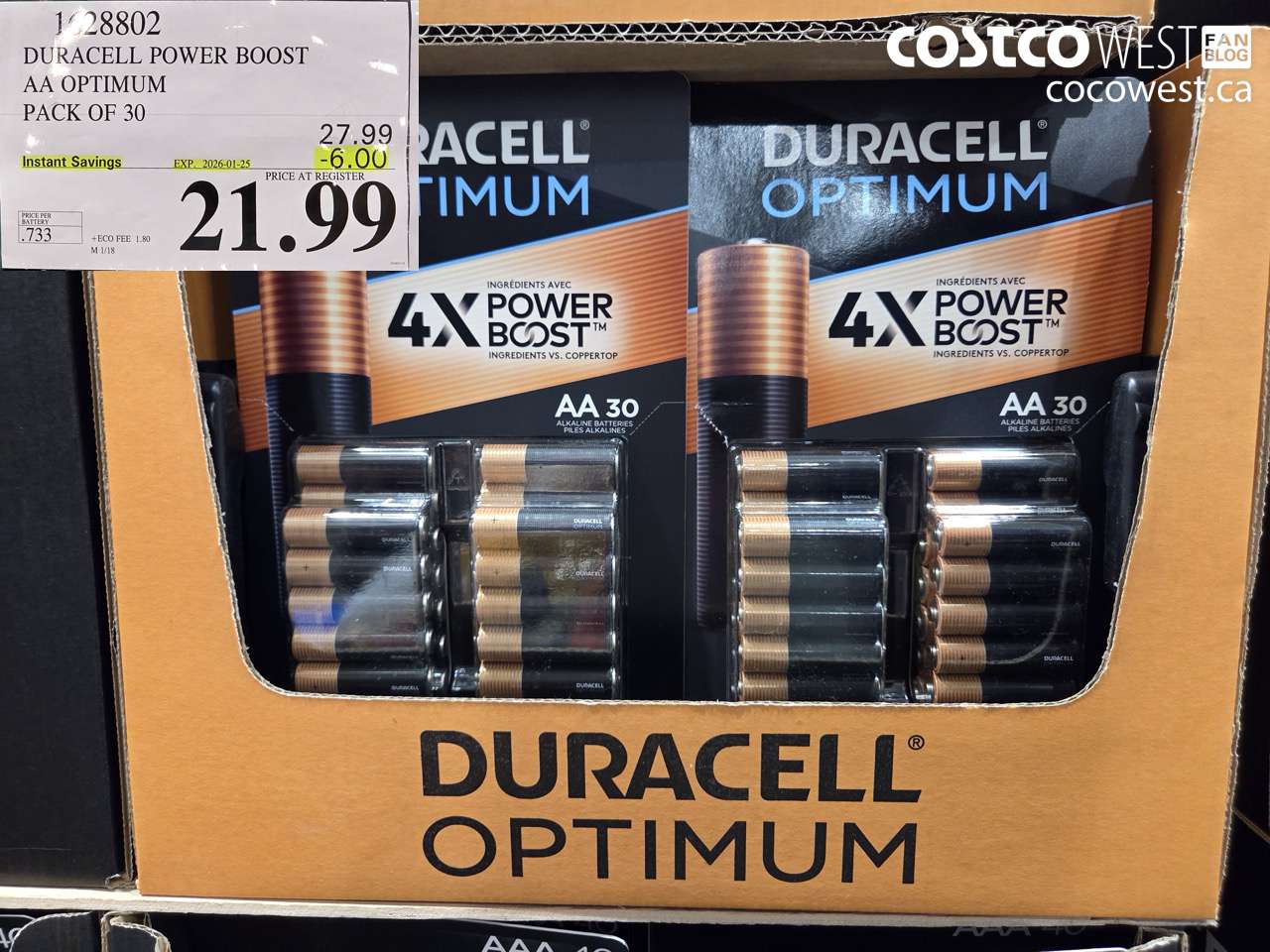 1628802 DURACELL POWER BOOST AA OPTIMUM PACK OF 30 ($6.00 INSTANT SAVINGS EXPIRES ON 2026-01-25) $21.99
