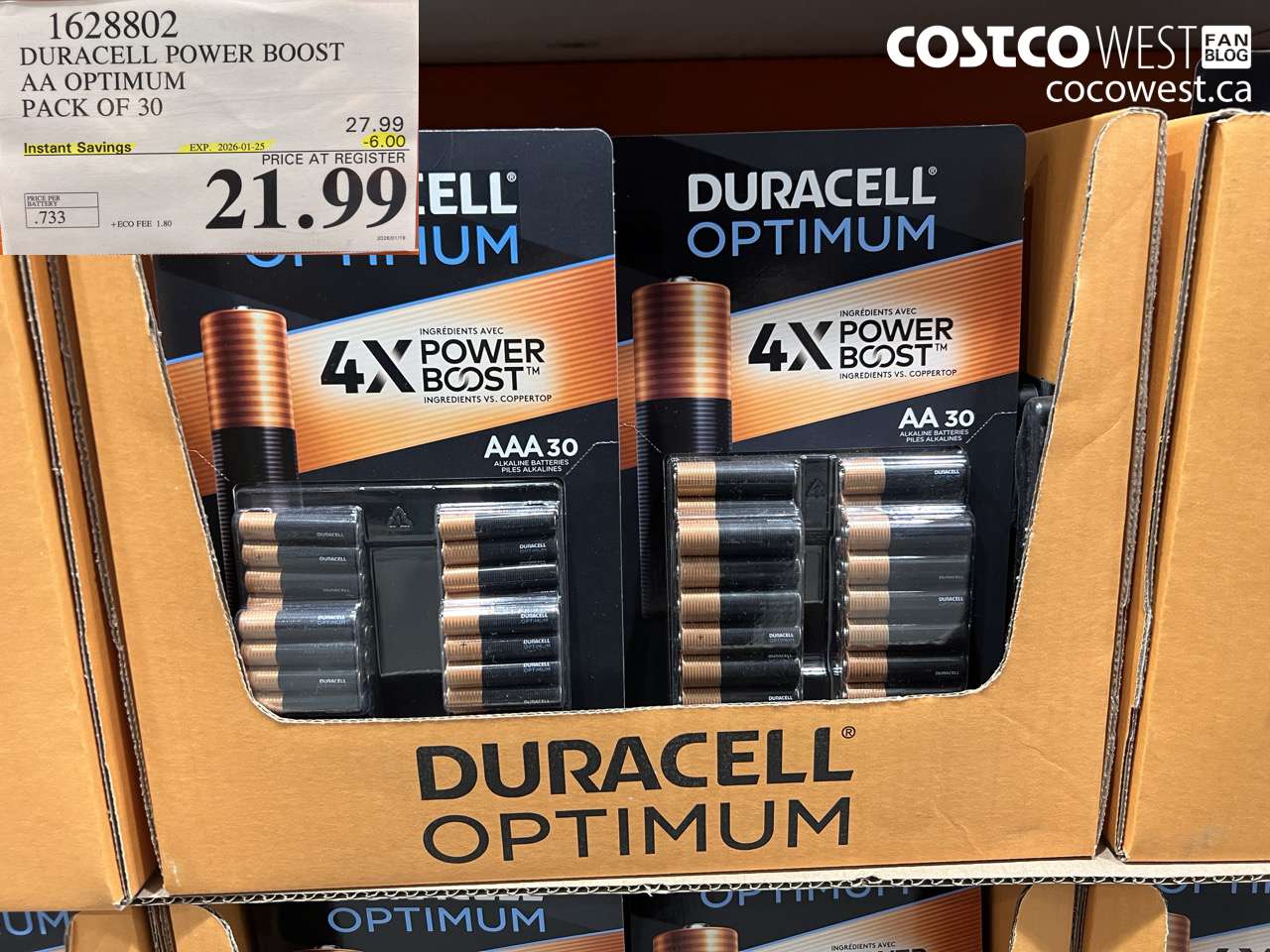 1628802 DURACELL POWER BOOST AA OPTIMUM PACK OF 30 ($6.00 INSTANT SAVINGS EXPIRES ON 2026-01-25) $21.99