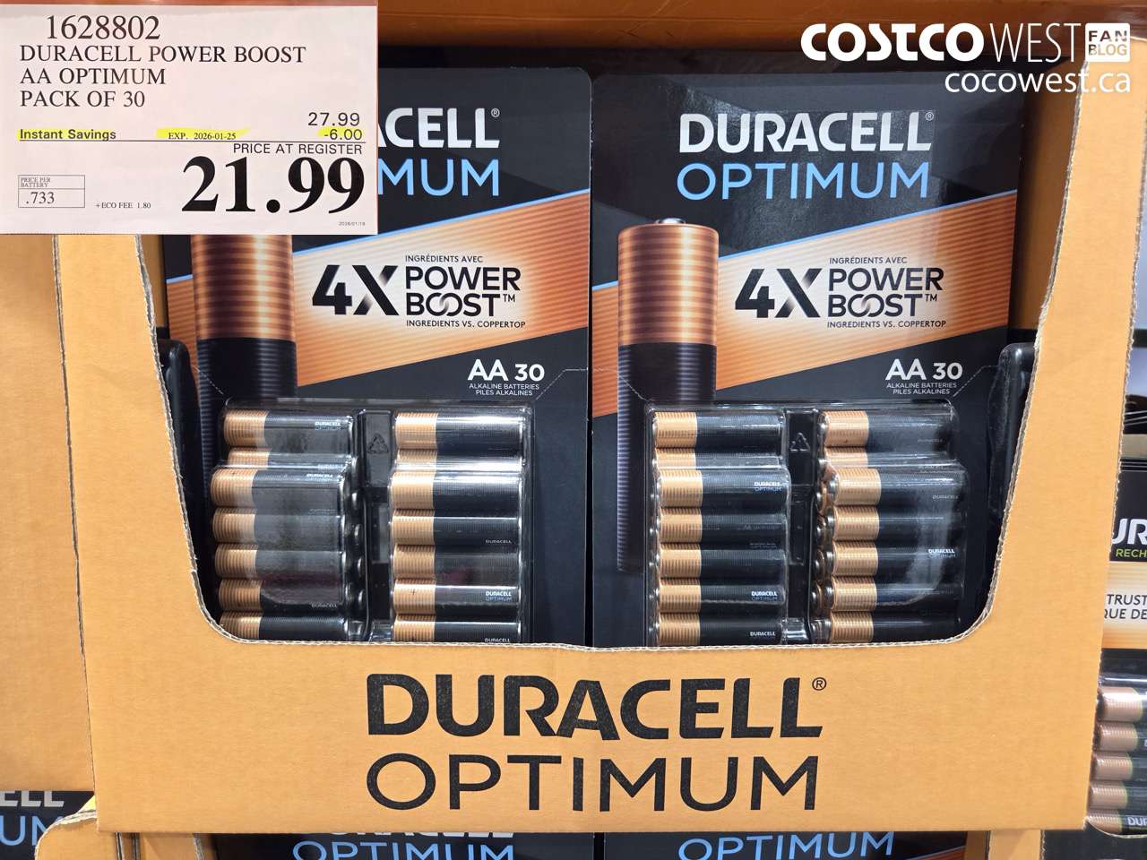 1628802 DURACELL POWER BOOST AA OPTIMUM PACK OF 30 ($6.00 INSTANT SAVINGS EXPIRES ON 2026-01-25) $21.99