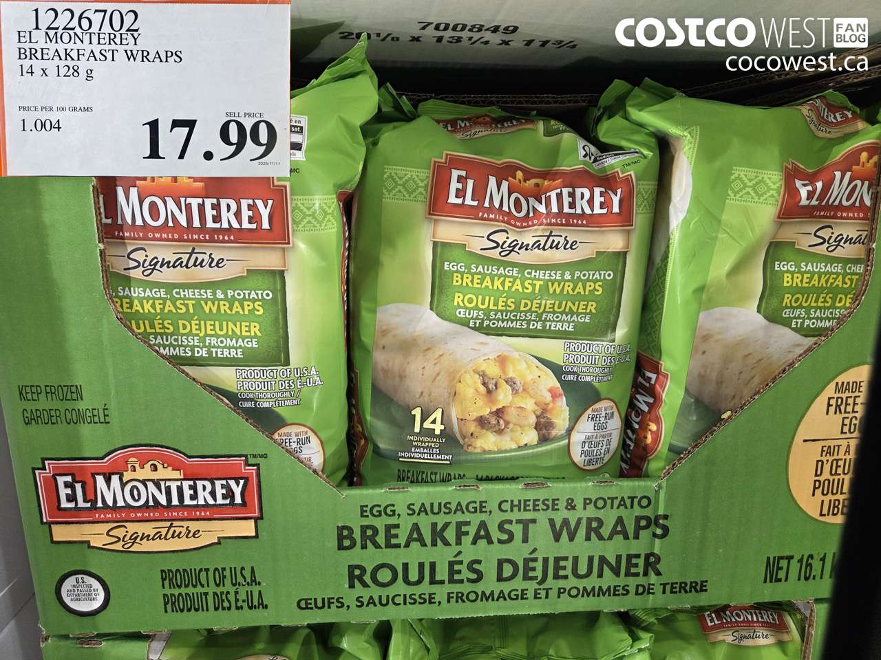 1226702 EL MONTEREY BREAKFAST WRAPS 14 x 128 g $17.99
