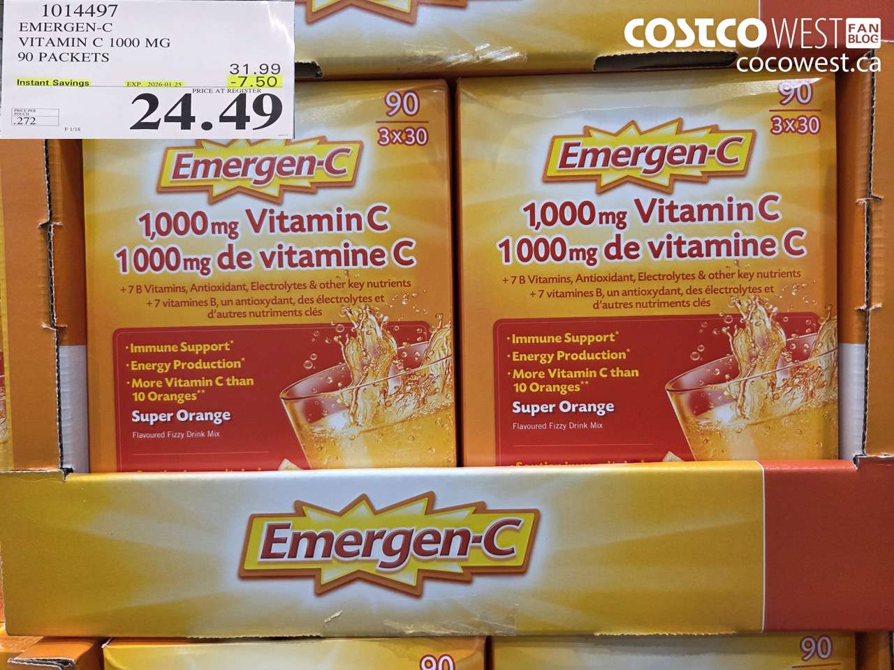 1014497 EMERGEN-C ORANGE VITAMIN C 1000 MG 90 PACKETS ($7.50 INSTANT SAVINGS EXPIRES ON 2026-01-25) $24.49