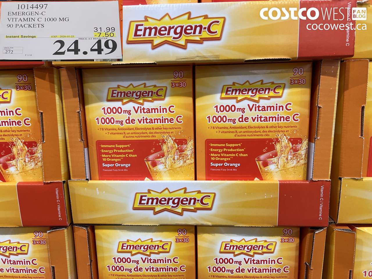 1014497 EMERGEN-C ORANGE VITAMIN C 1000 MG 90 PACKETS ($7.50 INSTANT SAVINGS EXPIRES ON 2026-01-25) $24.49