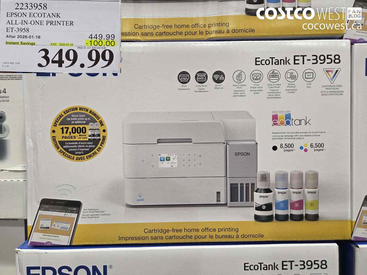 2233958 EPSON ECOTANK ALL-IN-ONE PRINTER ET-3958 ($100.00 INSTANT SAVINGS EXPIRES ON 2026-01-18) $349.99