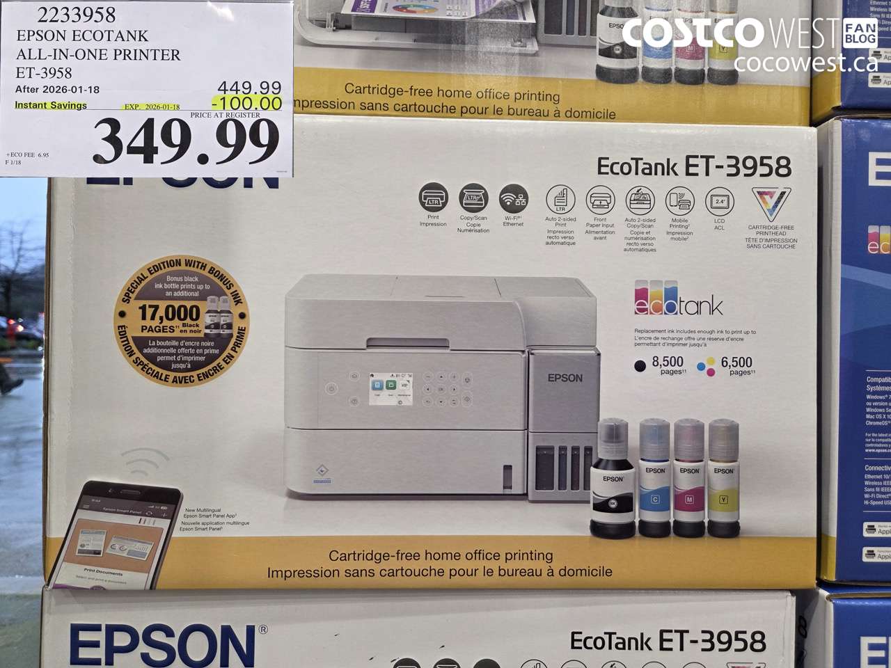 2233958 EPSON ECOTANK ALL-IN-ONE PRINTER ET-3958 ($100.00 INSTANT SAVINGS EXPIRES ON 2026-01-18) $349.99