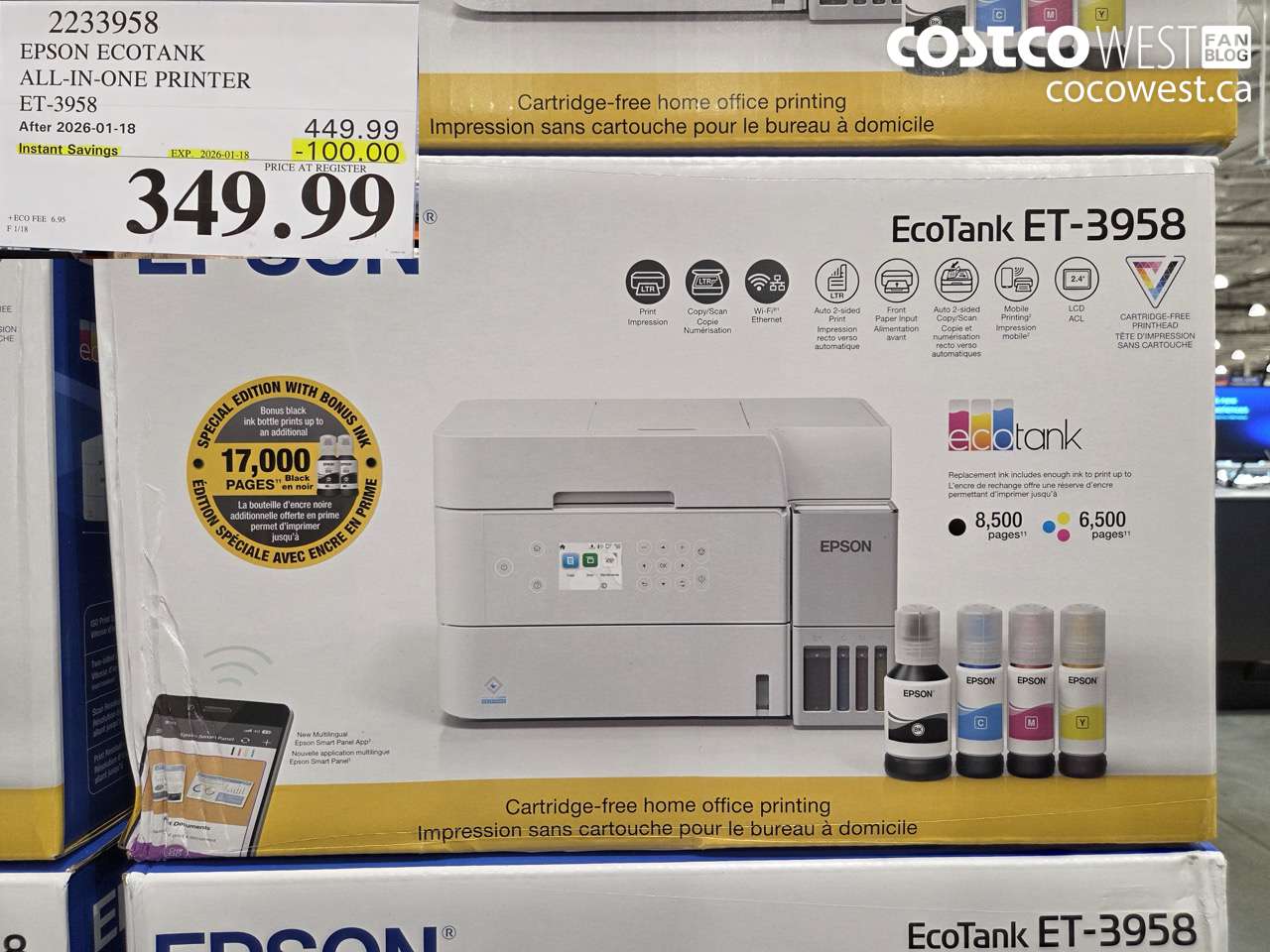 2233958 EPSON ECOTANK ALL-IN-ONE PRINTER ET-3958 ($100.00 INSTANT SAVINGS EXPIRES ON 2026-01-18) $349.99