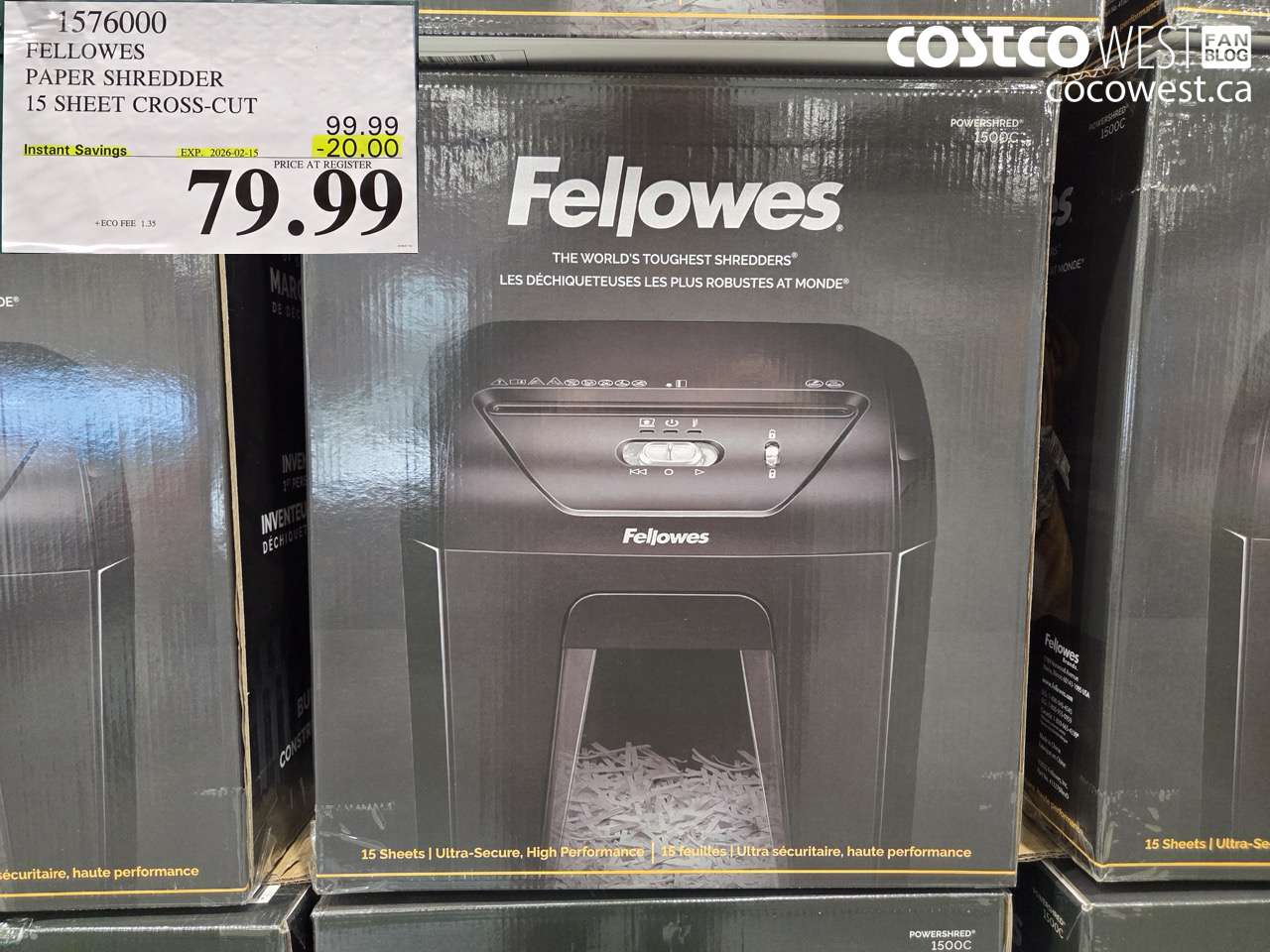 1576000 FELLOWES PAPER SHREDDER 15 SHEET CROSS-CUT ($20.00 INSTANT SAVINGS EXPIRES ON 2026-02-15) $79.99