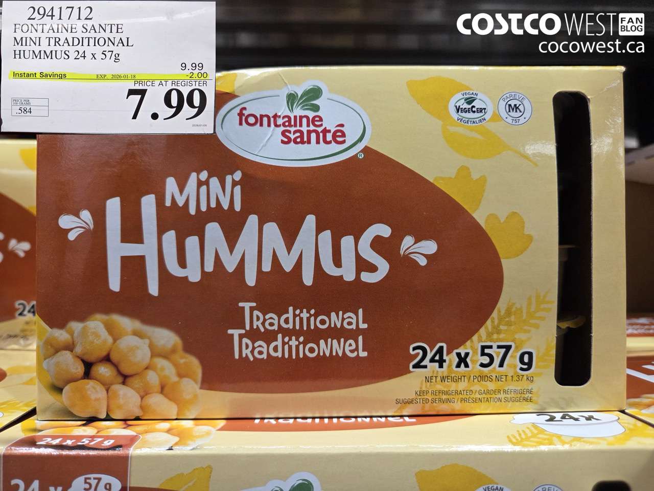 2941712 FONTAINE SANTE MINI TRADITIONAL HUMMUS 24 x 57 g ($2.00 INSTANT SAVINGS EXPIRES ON 2026-01-18) $7.99