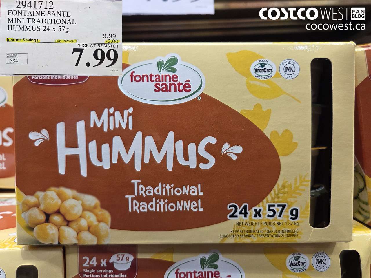 2941712 FONTAINE SANTE MINI TRADITIONAL HUMMUS 24 x 57 g ($2.00 INSTANT SAVINGS EXPIRES ON 2026-01-18) $7.99