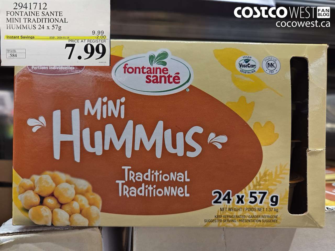 2941712 FONTAINE SANTE MINI TRADITIONAL HUMMUS 24 x 57 g ($2.00 INSTANT SAVINGS EXPIRES ON 2026-01-18) $7.99