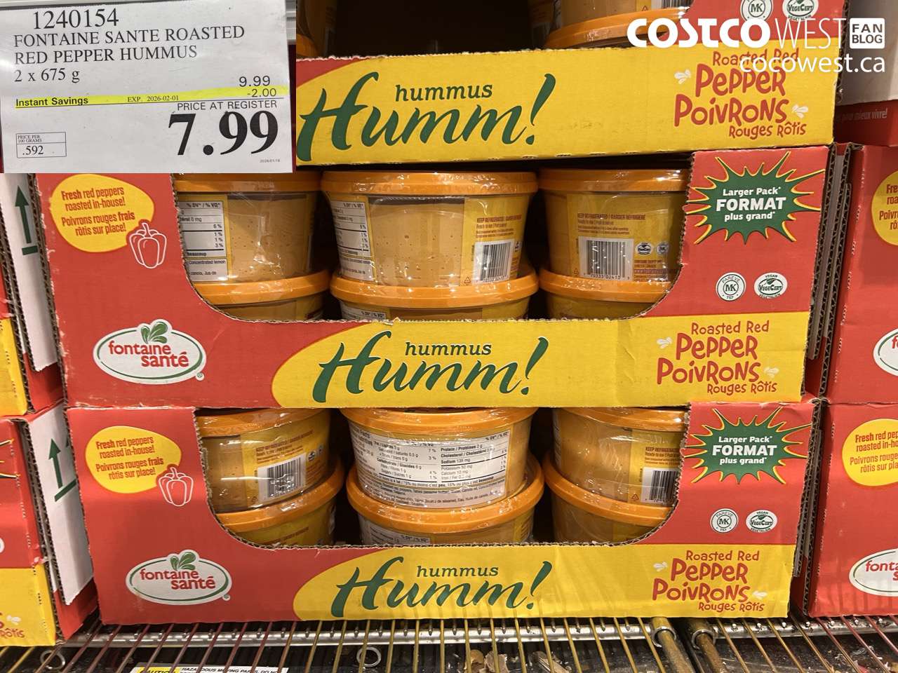 1240154 FONTAINE SANTE ROASTED RED PEPPER HUMMUS 2 X 675G ($2.00 INSTANT SAVINGS EXPIRES ON 2026-02-01) $7.99