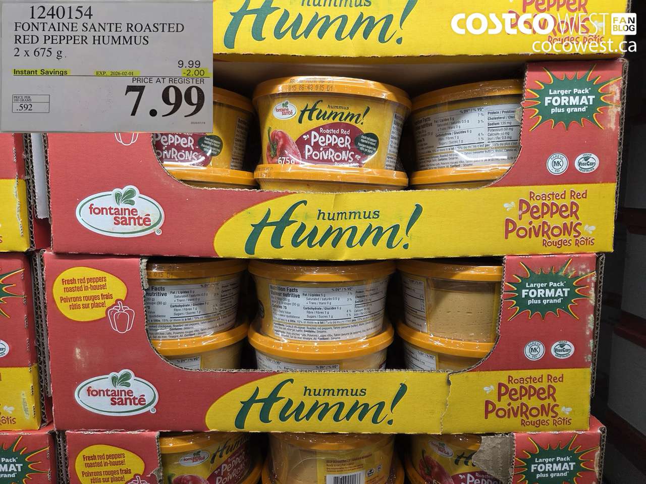 1240154 FONTAINE SANTE ROASTED RED PEPPER HUMMUS 2 X 675G ($2.00 INSTANT SAVINGS EXPIRES ON 2026-02-01) $7.99