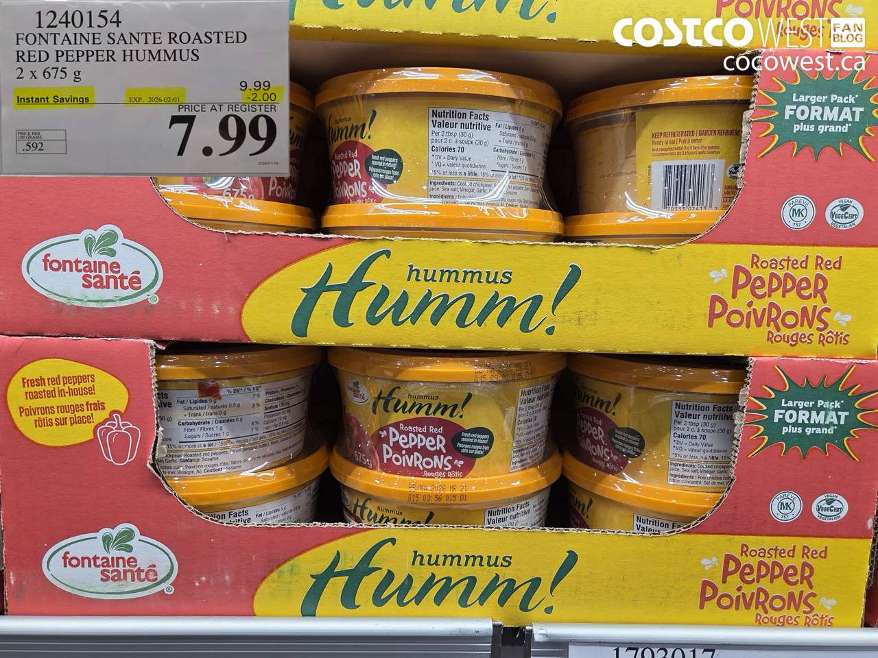 1240154 FONTAINE SANTE ROASTED RED PEPPER HUMMUS 2 X 675G ($2.00 INSTANT SAVINGS EXPIRES ON 2026-02-01) $7.99