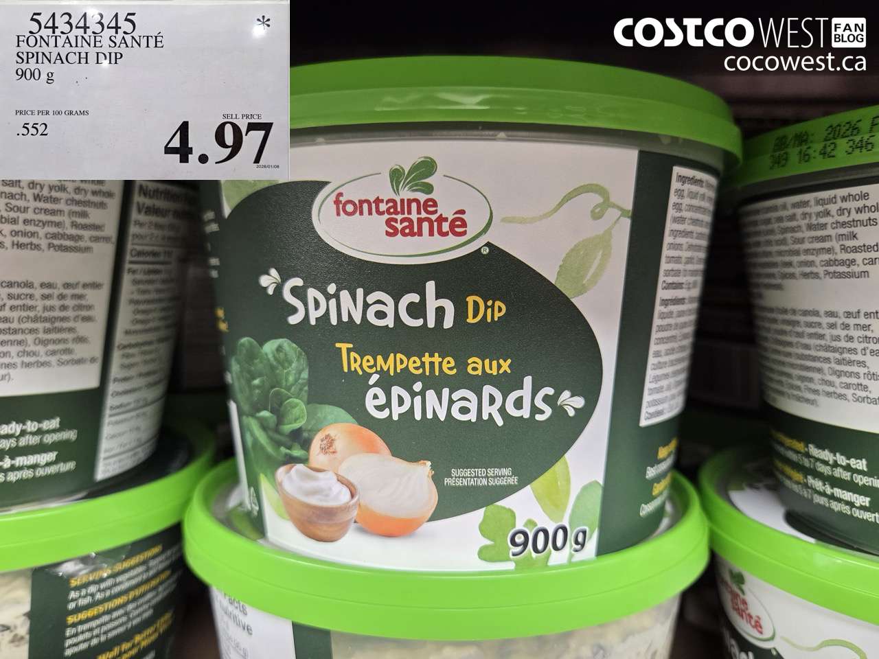 5434345 FONTAINE SANTE SPINACH DIP 900G $4.97