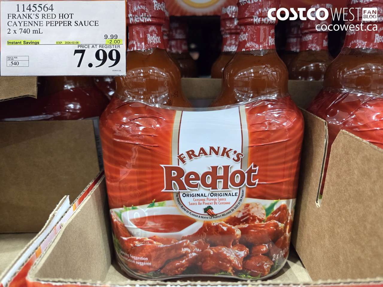 1145564 FRANK'S RED HOT CAYENNE PEPPER SAUCE 2 x 740 mL ($2.00 INSTANT SAVINGS EXPIRES ON 2026-02-08) $7.99