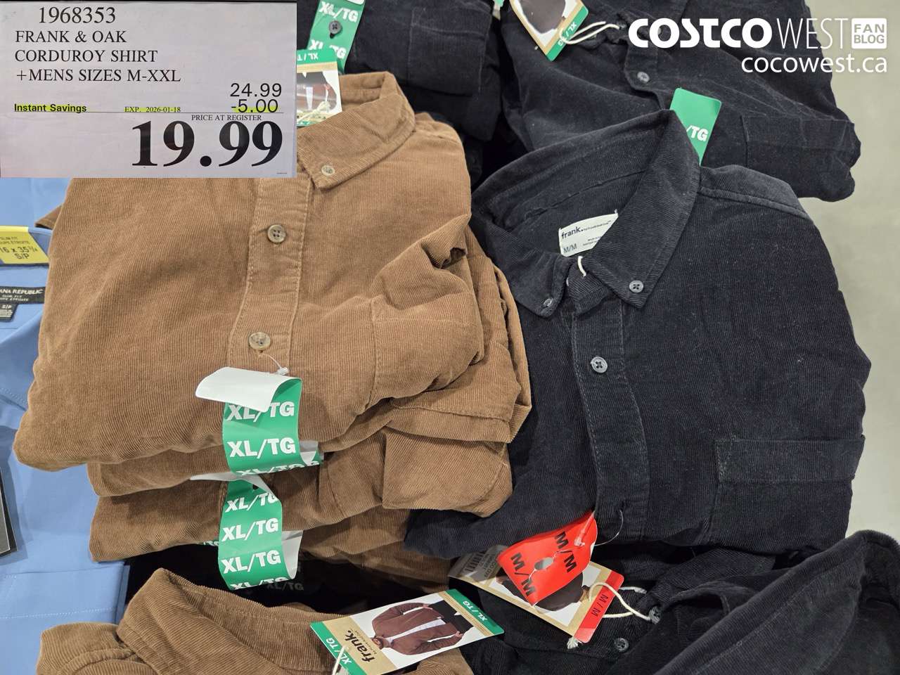 1968353 FRANK & OAK CORDUROY SHIRT MENS SIZES M-XXL ($5.00 INSTANT SAVINGS EXPIRES ON 2026-01-18) $19.99