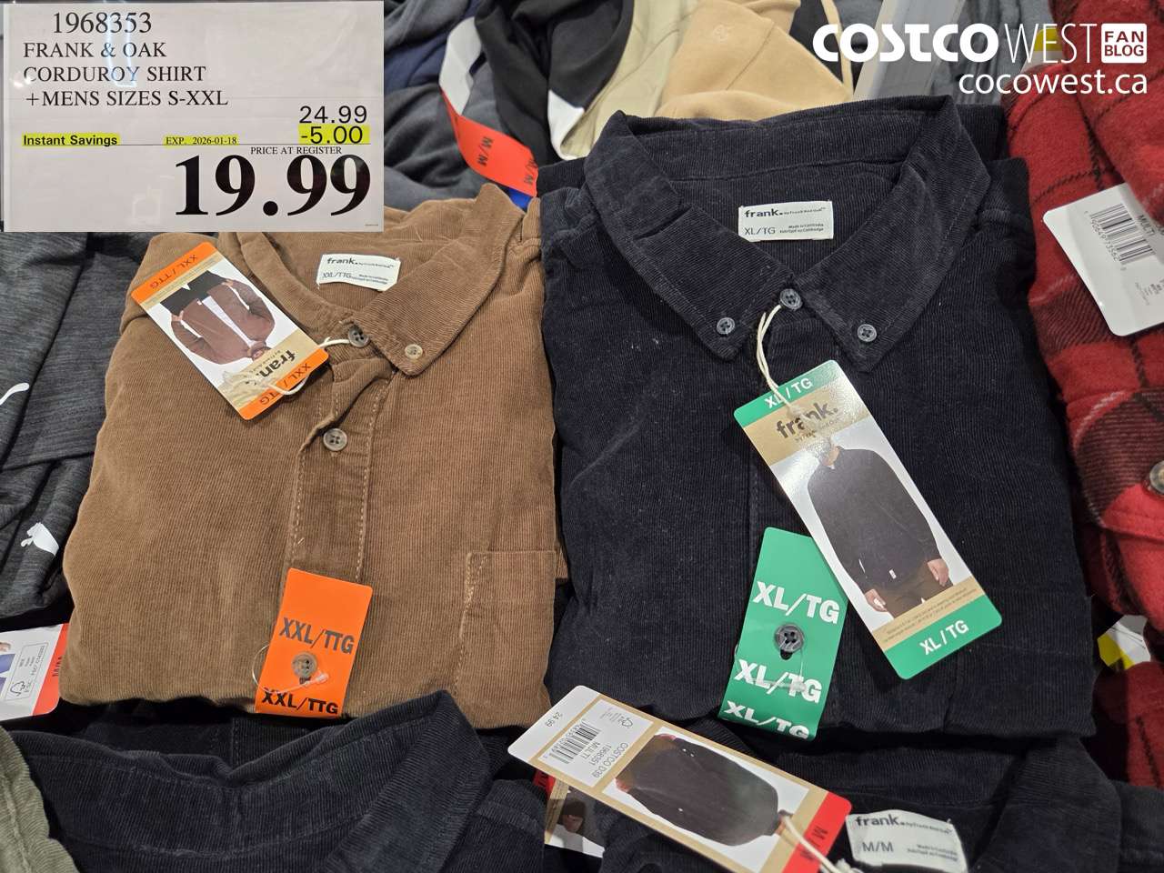 1968353 FRANK & OAK CORDUROY SHIRT MENS SIZES S-XXL ($5.00 INSTANT SAVINGS EXPIRES ON 2026-01-18) $19.99